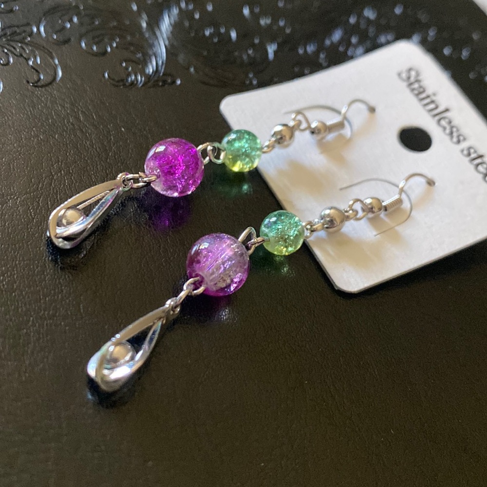 Green and purple stainless steel earrings